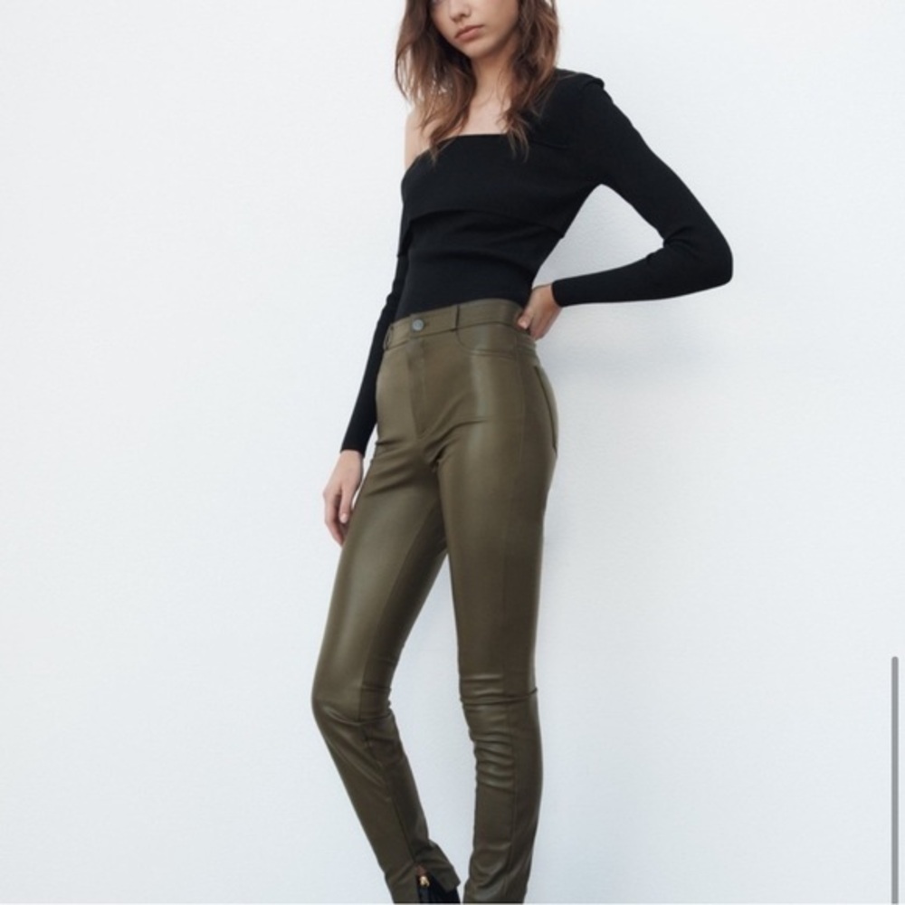 ZARA WOMEN FAUX LEATHER LEGGINGS DARK KHAKI OLIVE SIZE XS 5427/206